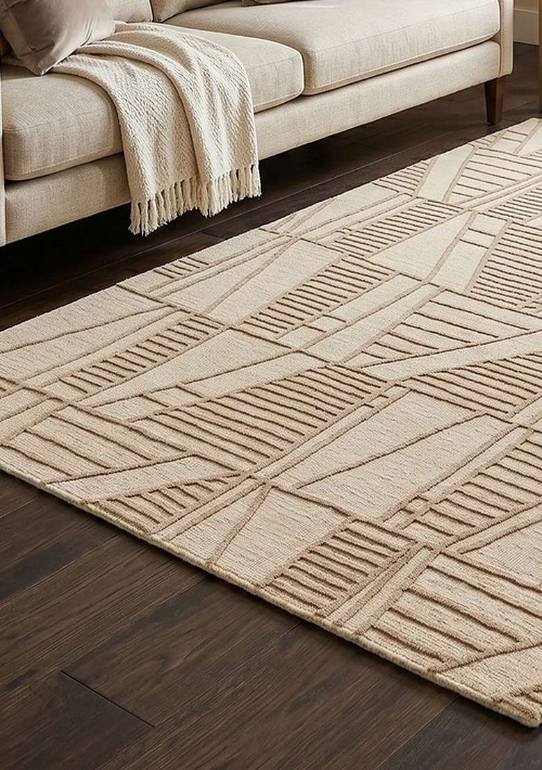 100% Wool Handmade Beige Rug | Contemporary Geometric Carpet With Cotton Backing For Living Room - Indya