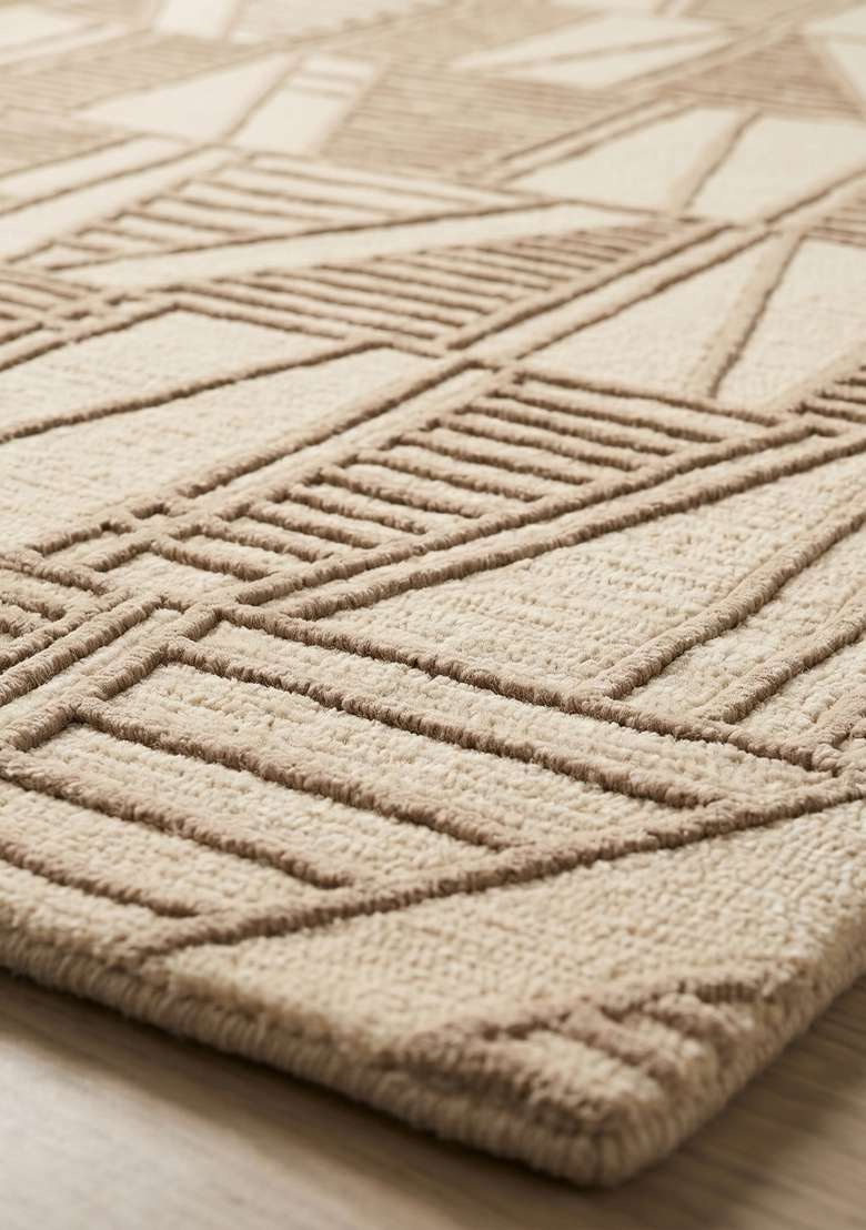 100% Wool Handmade Beige Rug | Contemporary Geometric Carpet With Cotton Backing For Living Room - Indya