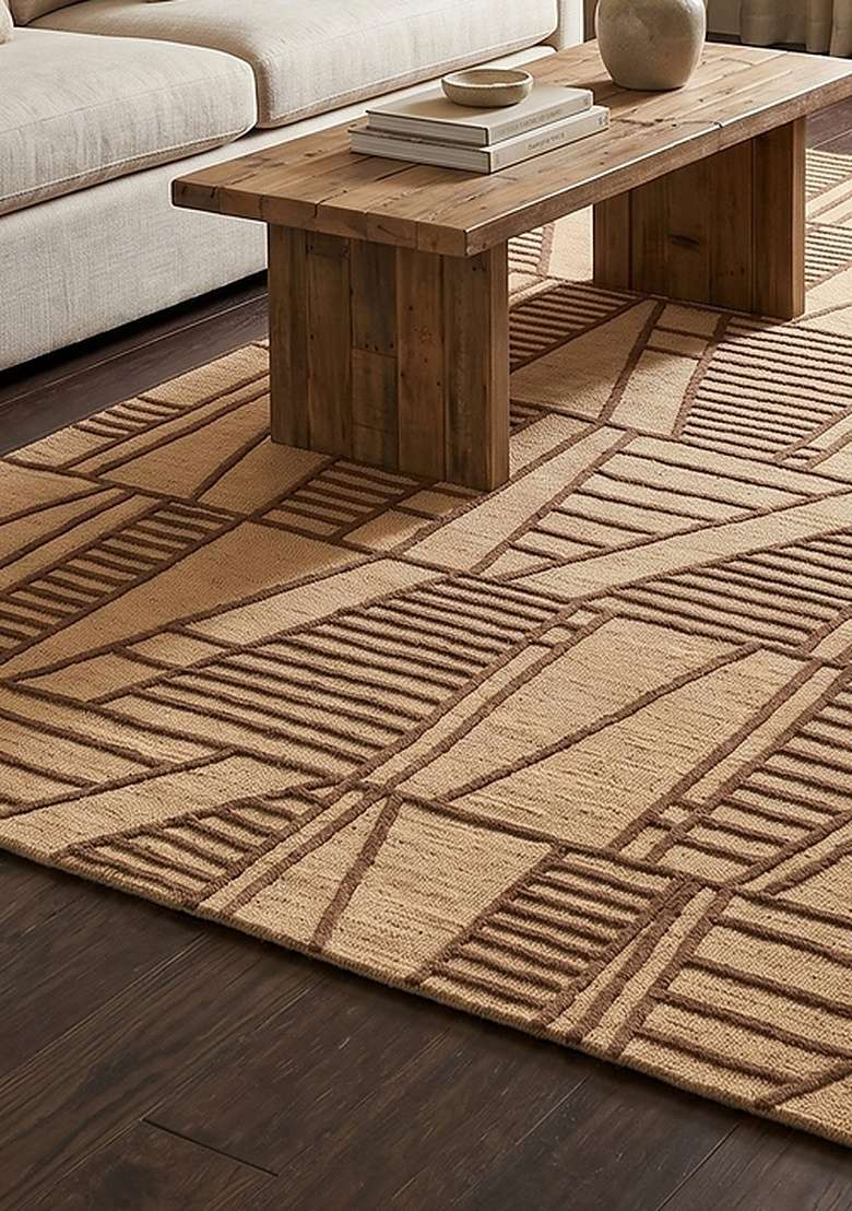 100% Wool Handmade Moca Brown Rug | Contemporary Geometric Carpet With Cotton Backing For Living Room - Indya
