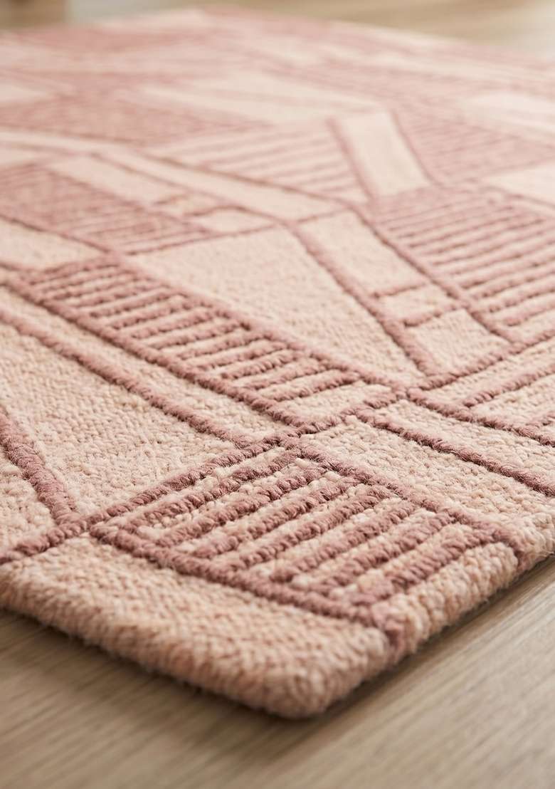 100% Wool Handmade Blush Pink Rug | Contemporary Geometric Carpet With Cotton Backing For Living Room - Indya