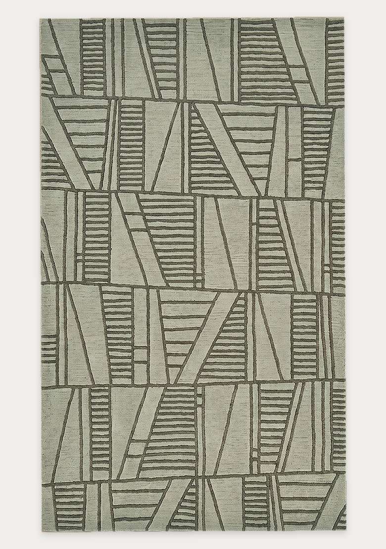 100% Wool Handmade Muted Sage Green Rug | Contemporary Geometric Carpet With Cotton Backing For Living Room - Indya