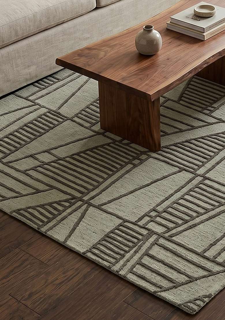 Saffron Rugs Hand-Tufted 100% Wool Area Rug | Muted Sage Green Rectangular Rug | Cotton Backing | Contemporary Geometric Home Decor Carpet for Living Room Bedroom - Indya