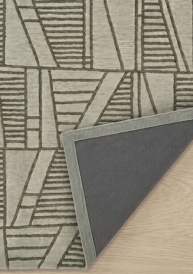100% Wool Handmade Muted Sage Green Rug | Contemporary Geometric Carpet With Cotton Backing For Living Room - Indya