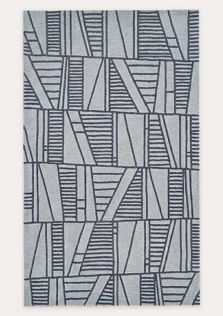 100% Wool Handmade Steel Blue Rug | Contemporary Geometric Carpet With Cotton Backing For Living Room - Indya