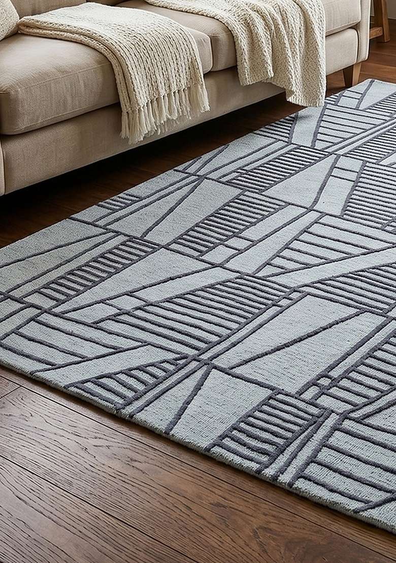 100% Wool Handmade Steel Blue Rug | Contemporary Geometric Carpet With Cotton Backing For Living Room - Indya
