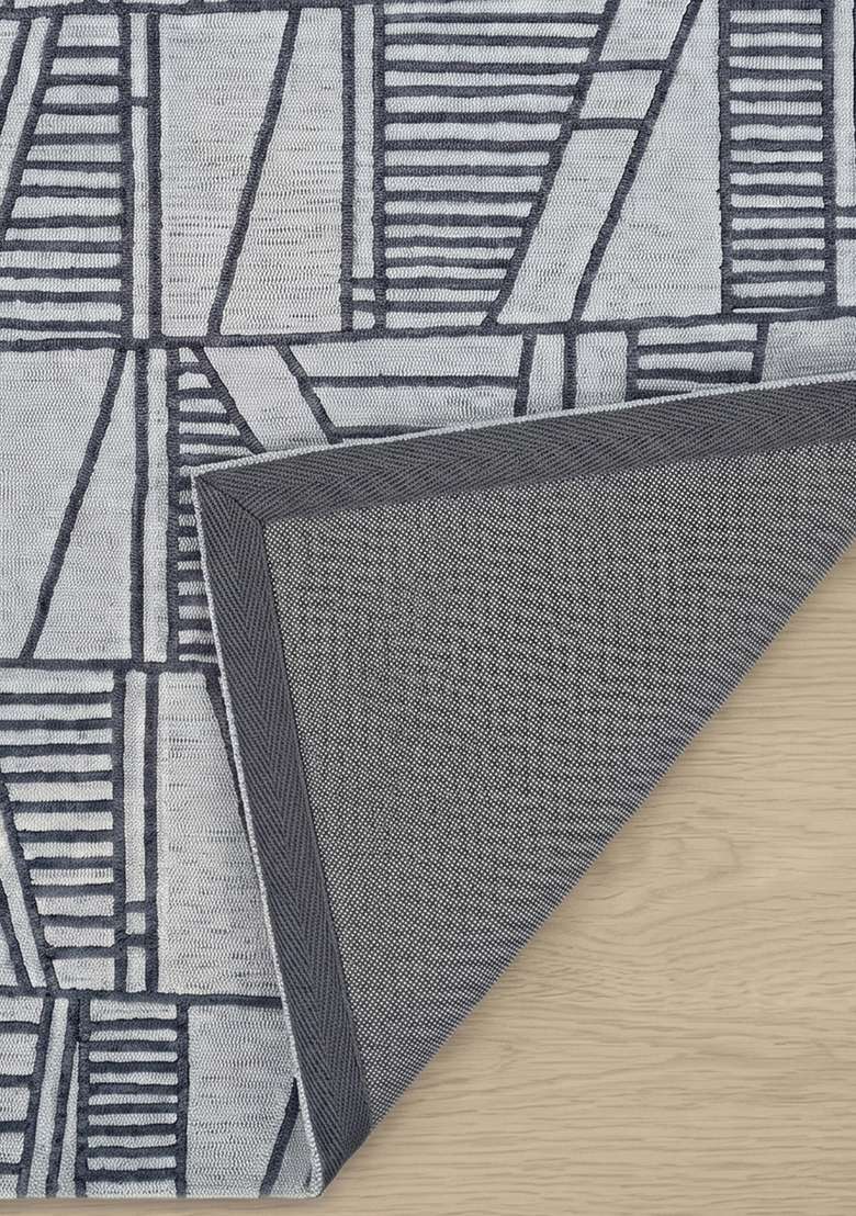 100% Wool Handmade Steel Blue Rug | Contemporary Geometric Carpet With Cotton Backing For Living Room - Indya