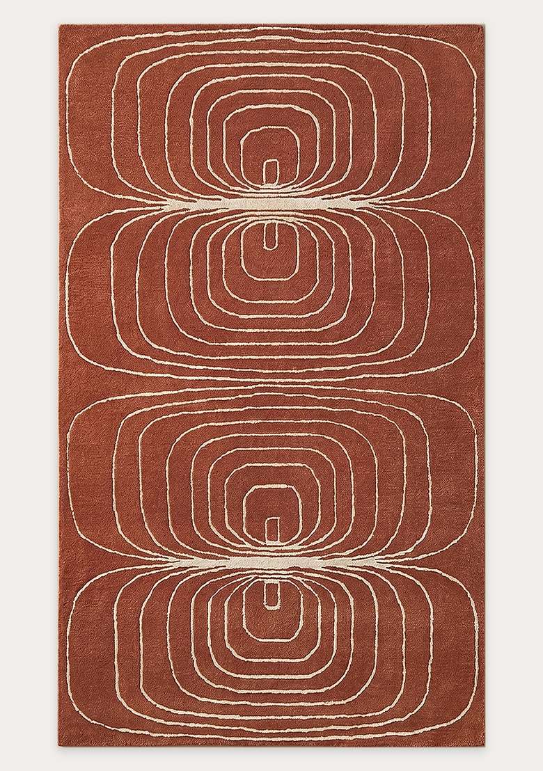 100% Wool Handmade Burnt Orange Rug | Mid Century Modern Swirls Carpet With Cotton Backing For Living Room - Indya