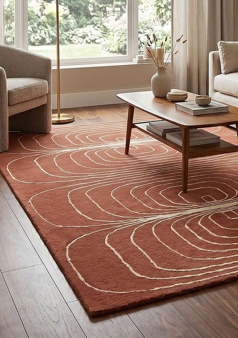 100% Wool Handmade Burnt Orange Rug | Mid Century Modern Swirls Carpet With Cotton Backing For Living Room - Indya