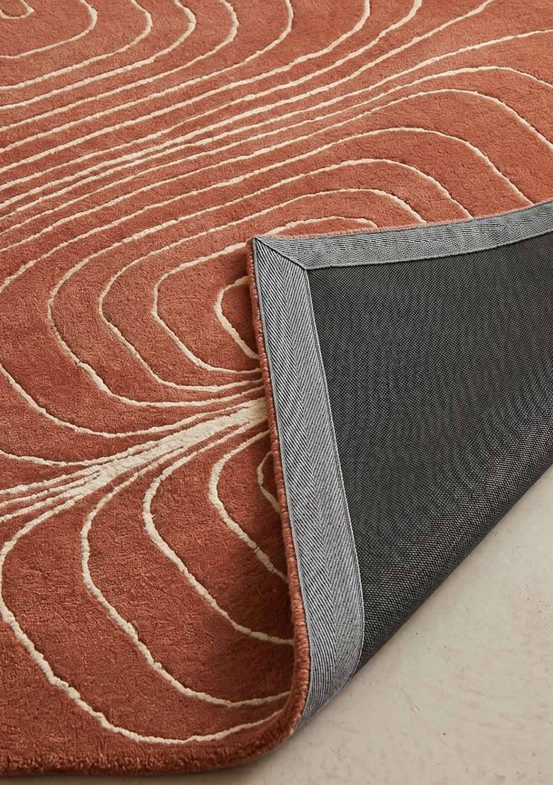 100% Wool Handmade Burnt Orange Rug | Mid Century Modern Swirls Carpet With Cotton Backing For Living Room - Indya