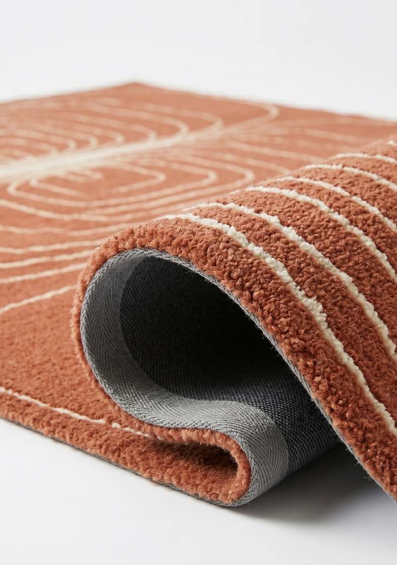 100% Wool Handmade Burnt Orange Rug | Mid Century Modern Swirls Carpet With Cotton Backing For Living Room - Indya