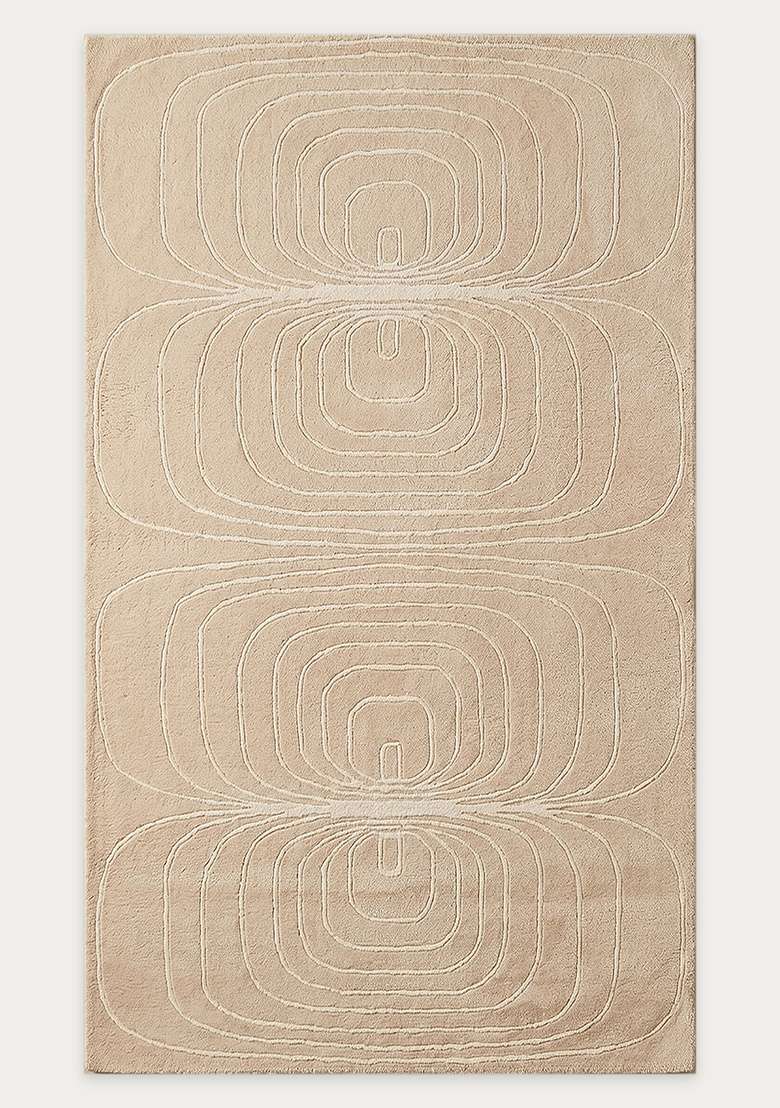 100% Wool Handmade Beige Rug | Mid Century Modern Swirls Carpet With Cotton Backing For Living Room - Indya