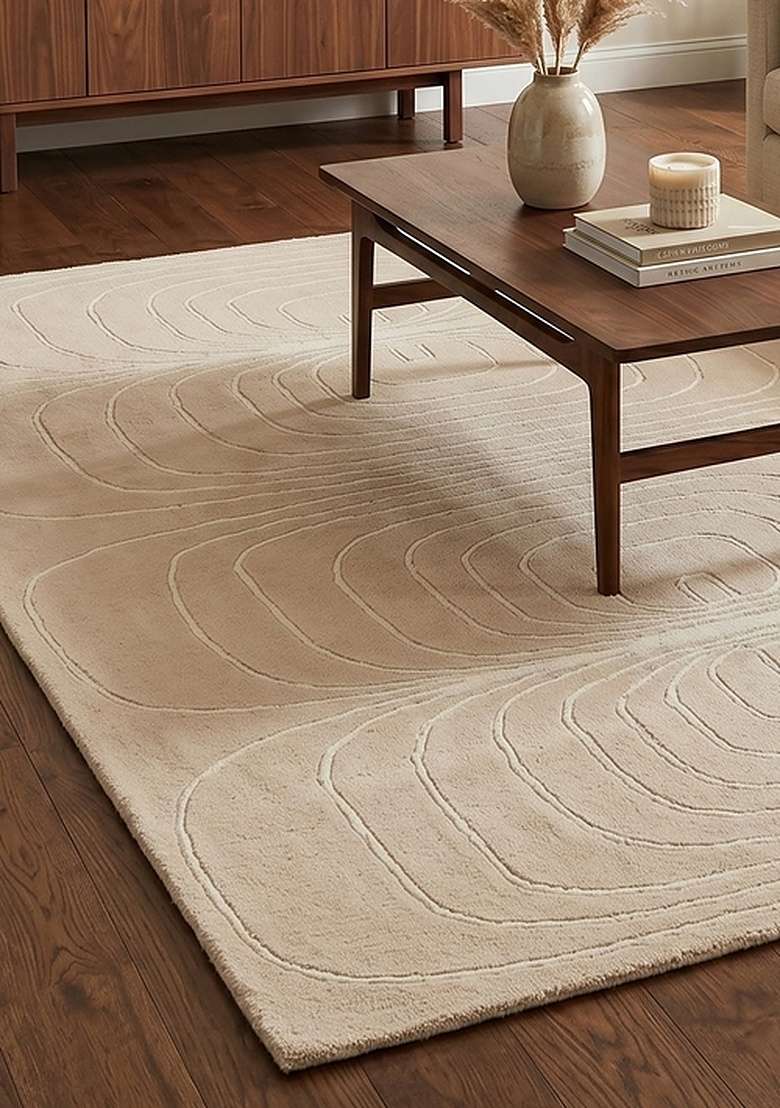100% Wool Handmade Beige Rug | Mid Century Modern Swirls Carpet With Cotton Backing For Living Room - Indya