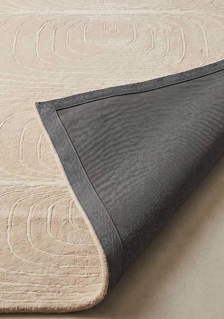 100% Wool Handmade Beige Rug | Mid Century Modern Swirls Carpet With Cotton Backing For Living Room - Indya