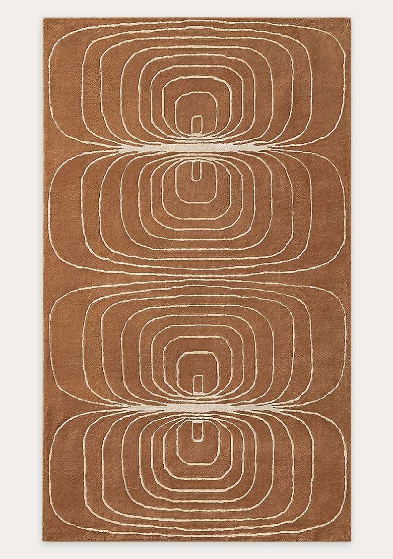 100% Wool Handmade Brown Rug | Mid Century Modern Swirls Carpet With Cotton Backing For Living Room - Indya