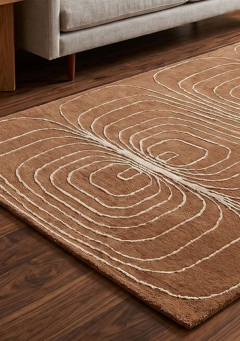 100% Wool Handmade Brown Rug | Mid Century Modern Swirls Carpet With Cotton Backing For Living Room - Indya