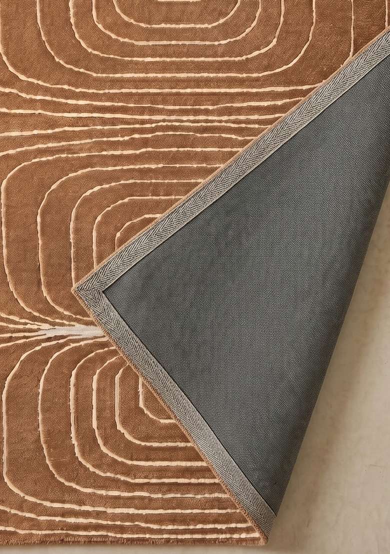 100% Wool Handmade Brown Rug | Mid Century Modern Swirls Carpet With Cotton Backing For Living Room - Indya