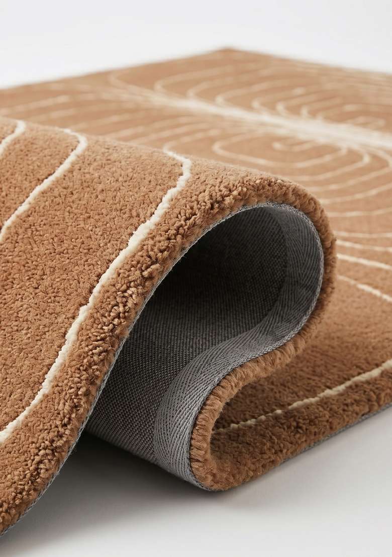 100% Wool Handmade Brown Rug | Mid Century Modern Swirls Carpet With Cotton Backing For Living Room - Indya