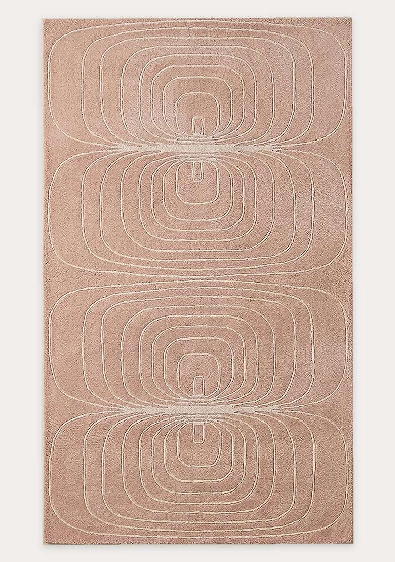 100% Wool Handmade Dusty Rose Rug | Mid Century Modern Swirls Carpet With Cotton Backing For Living Room - Indya