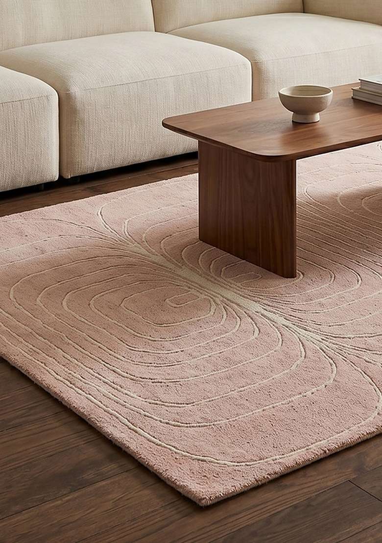100% Wool Handmade Dusty Rose Rug | Mid Century Modern Swirls Carpet With Cotton Backing For Living Room - Indya