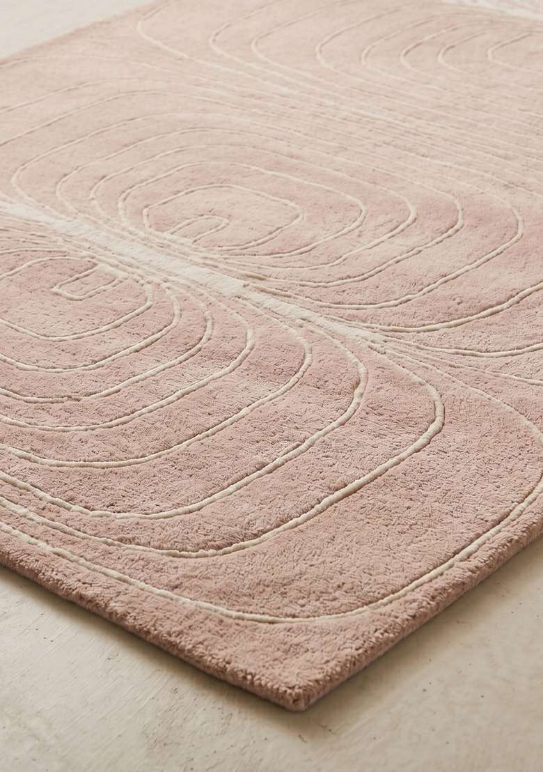 100% Wool Handmade Dusty Rose Rug | Mid Century Modern Swirls Carpet With Cotton Backing For Living Room - Indya