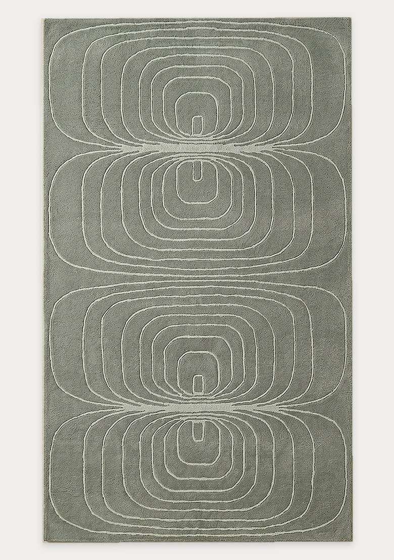 100% Wool Handmade Sage Green Rug | Mid Century Modern Swirls Carpet With Cotton Backing For Living Room - Indya