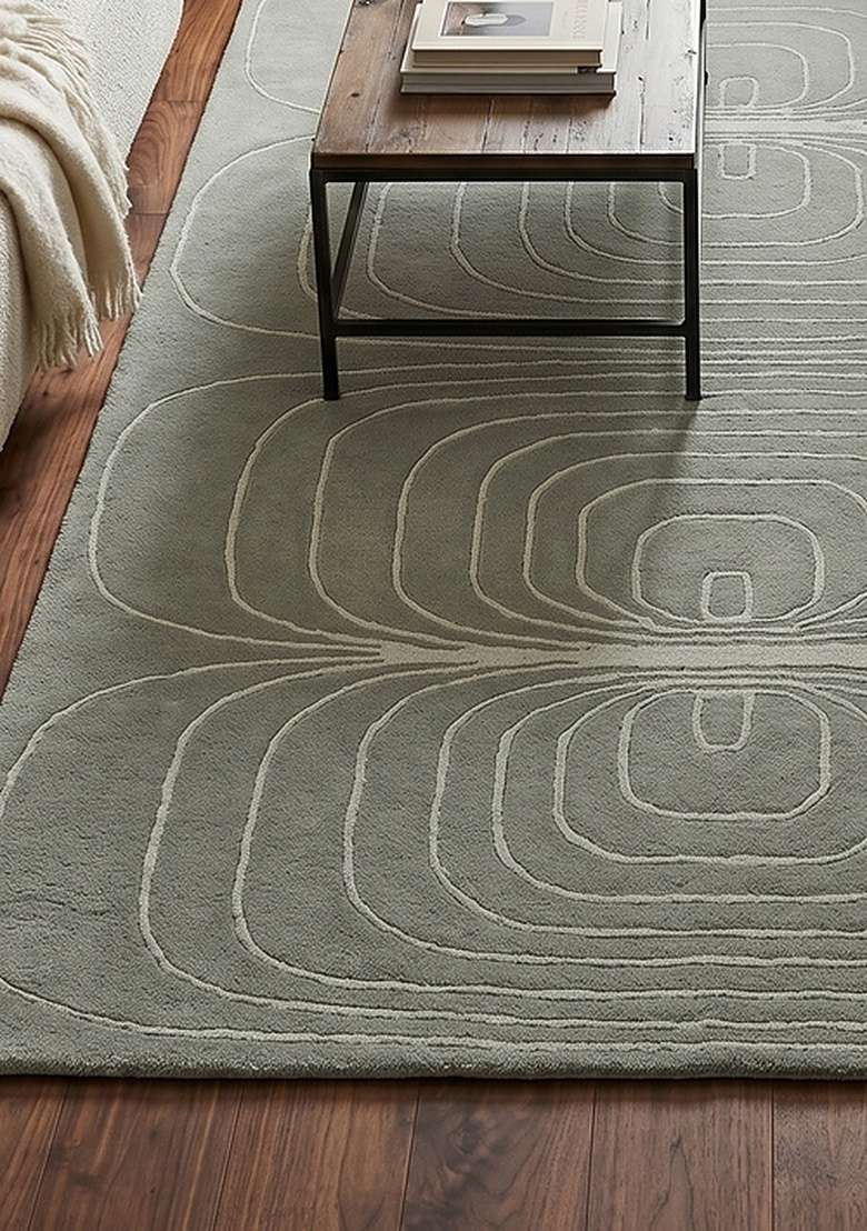 100% Wool Handmade Sage Green Rug | Mid Century Modern Swirls Carpet With Cotton Backing For Living Room - Indya