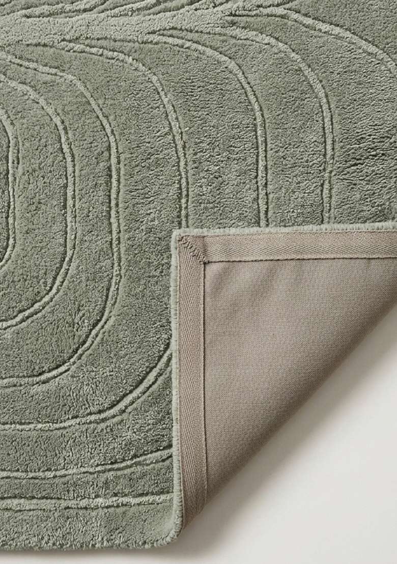 100% Wool Handmade Sage Green Rug | Mid Century Modern Swirls Carpet With Cotton Backing For Living Room - Indya