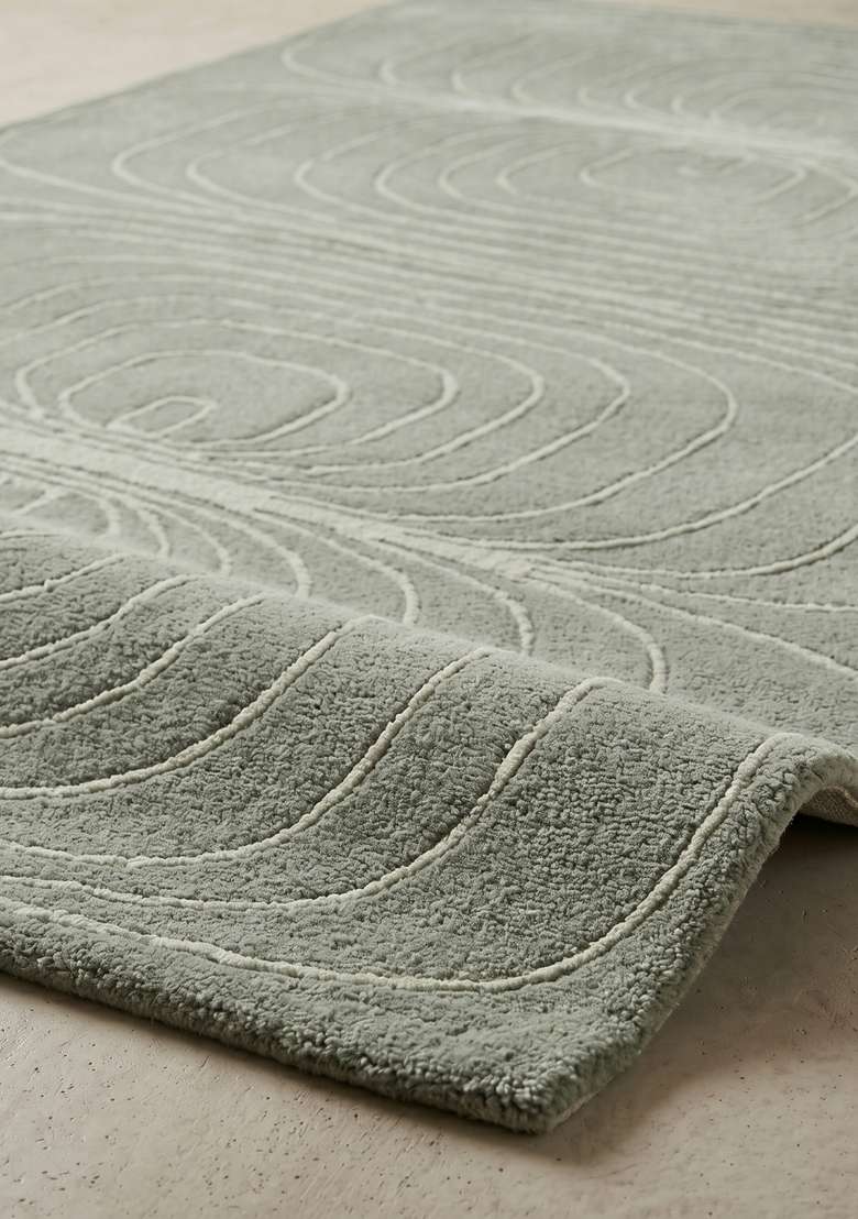 100% Wool Handmade Sage Green Rug | Mid Century Modern Swirls Carpet With Cotton Backing For Living Room - Indya