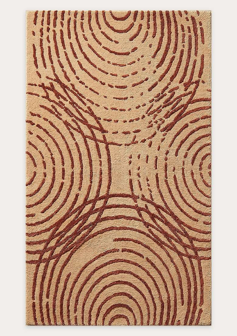 100% Wool Handmade Burnt Orange Rug | Contemporary Swirls Carpet With Cotton Backing For Living Room - Indya
