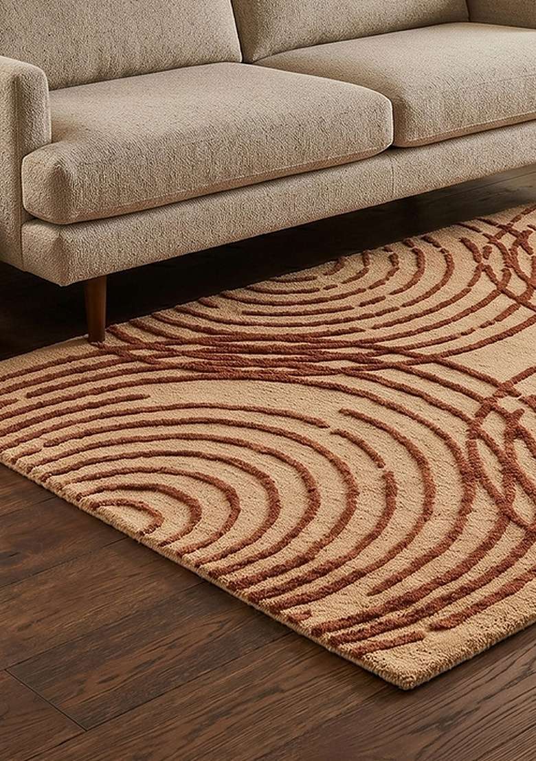 100% Wool Handmade Burnt Orange Rug | Contemporary Swirls Carpet With Cotton Backing For Living Room - Indya