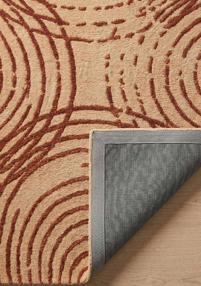100% Wool Handmade Burnt Orange Rug | Contemporary Swirls Carpet With Cotton Backing For Living Room - Indya