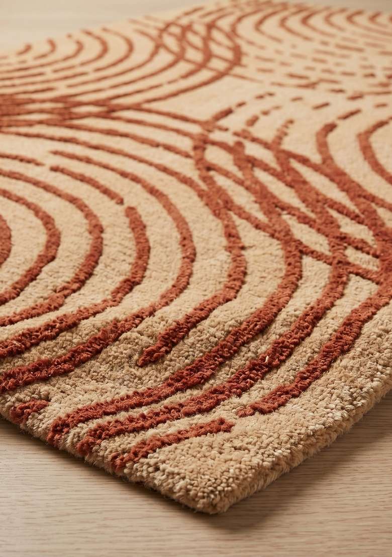100% Wool Handmade Burnt Orange Rug | Contemporary Swirls Carpet With Cotton Backing For Living Room - Indya