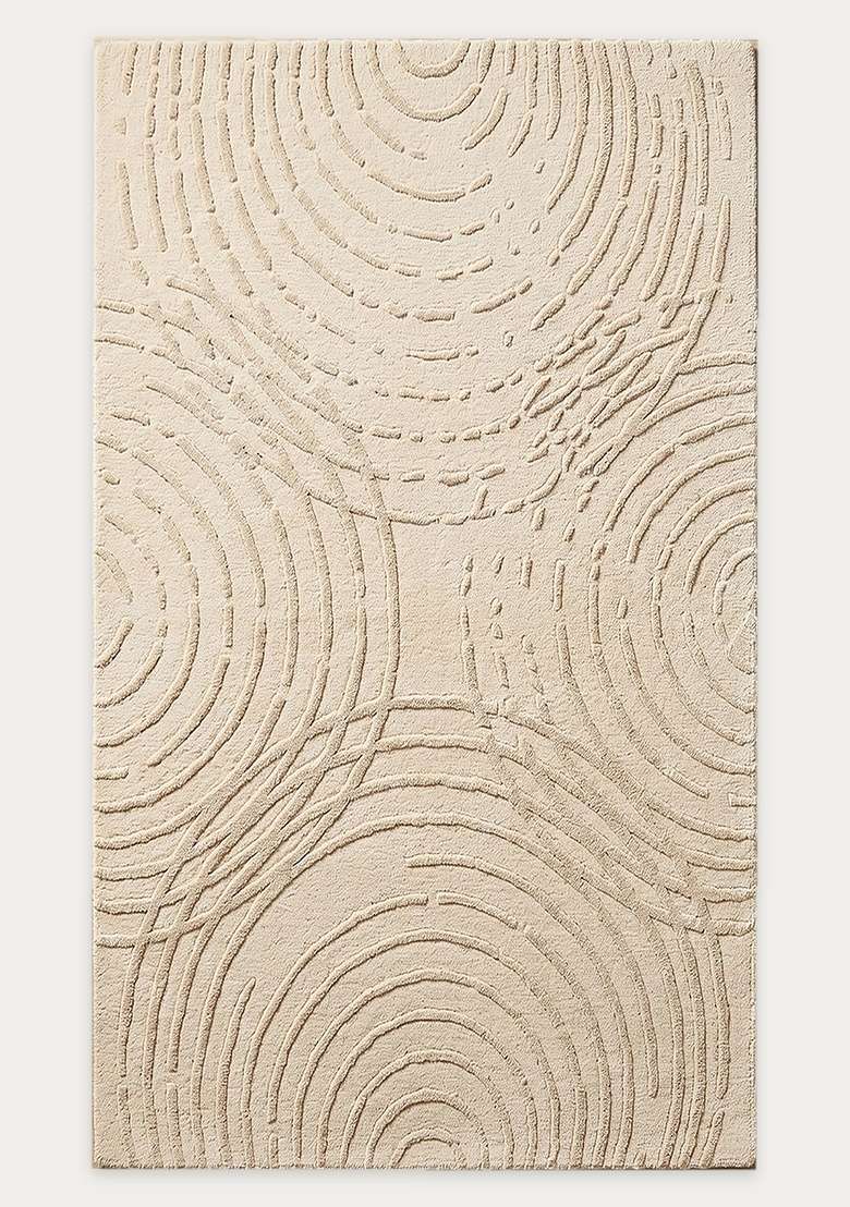100% Wool Handmade Cream Rug | Contemporary Swirls Carpet With Cotton Backing For Living Room - Indya