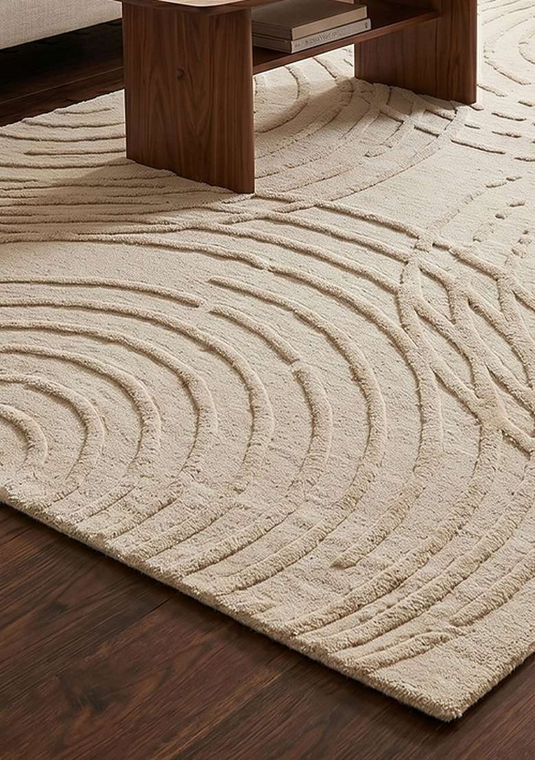 100% Wool Handmade Cream Rug | Contemporary Swirls Carpet With Cotton Backing For Living Room - Indya