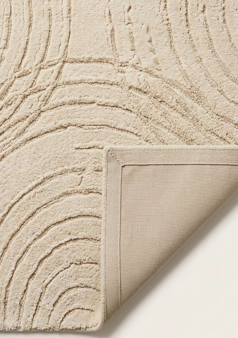 100% Wool Handmade Cream Rug | Contemporary Swirls Carpet With Cotton Backing For Living Room - Indya