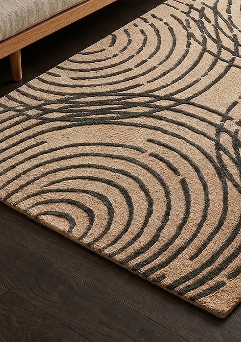 100% Wool Handmade Olive Green Rug | Contemporary Swirls Carpet With Cotton Backing For Living Room - Indya