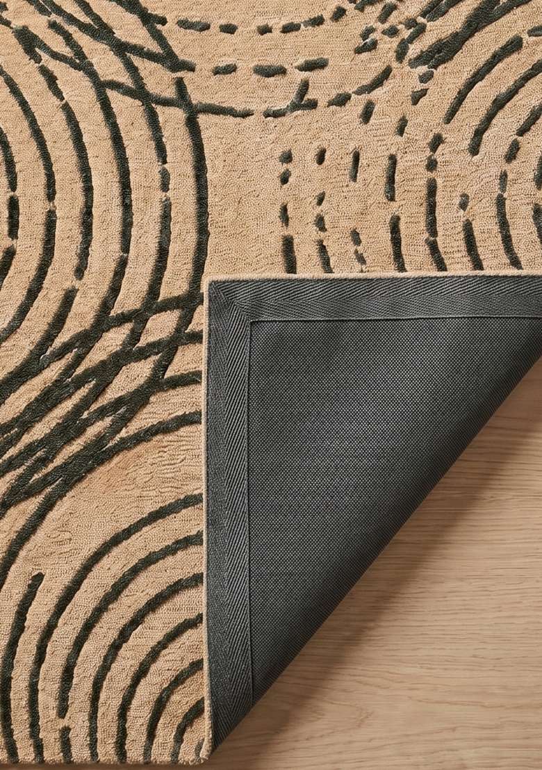 100% Wool Handmade Olive Green Rug | Contemporary Swirls Carpet With Cotton Backing For Living Room - Indya