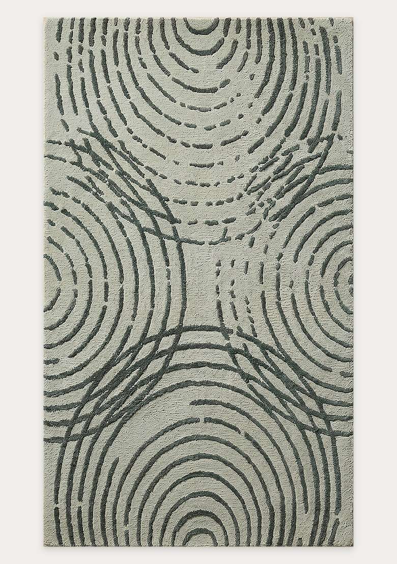 100% Wool Handmade Sage Green Rug | Contemporary Swirls Carpet With Cotton Backing For Living Room - Indya