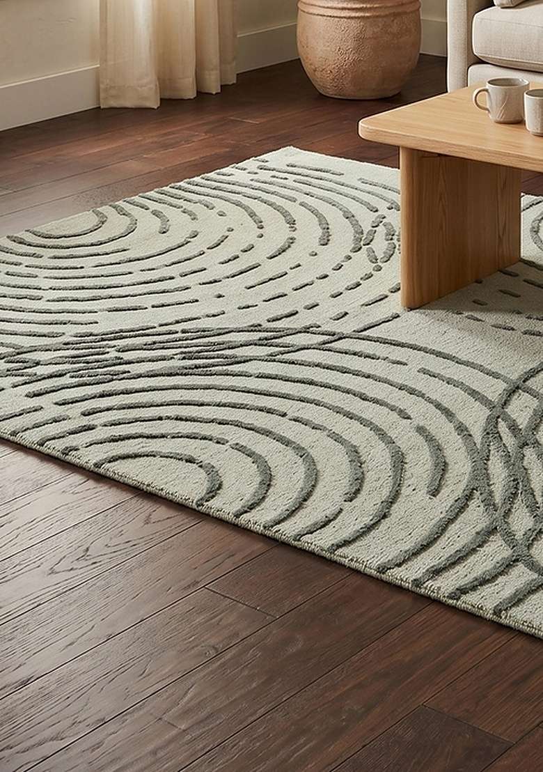 100% Wool Handmade Sage Green Rug | Contemporary Swirls Carpet With Cotton Backing For Living Room - Indya