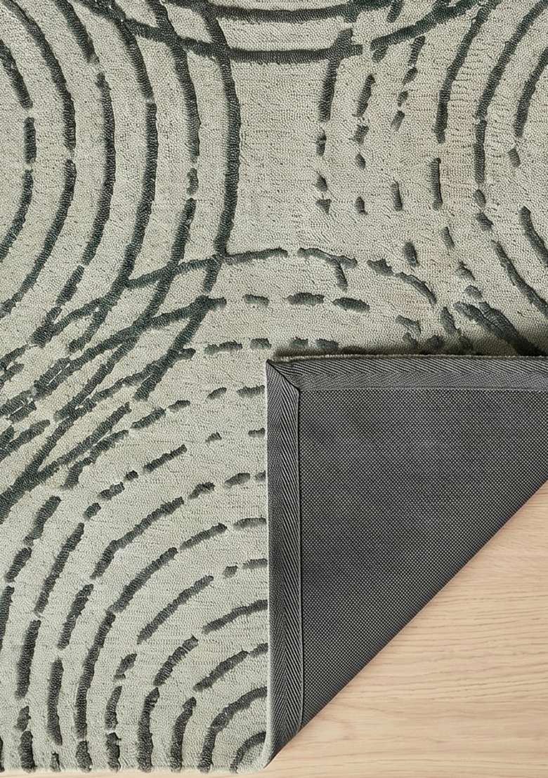 100% Wool Handmade Sage Green Rug | Contemporary Swirls Carpet With Cotton Backing For Living Room - Indya