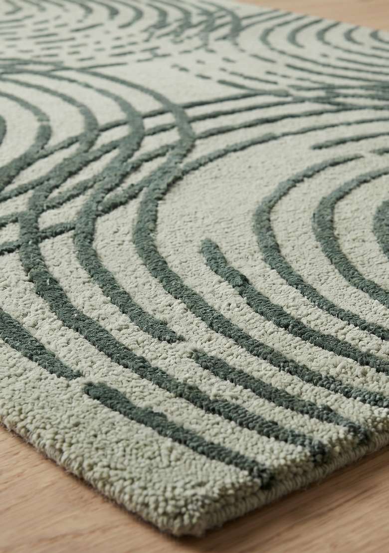 100% Wool Handmade Sage Green Rug | Contemporary Swirls Carpet With Cotton Backing For Living Room - Indya