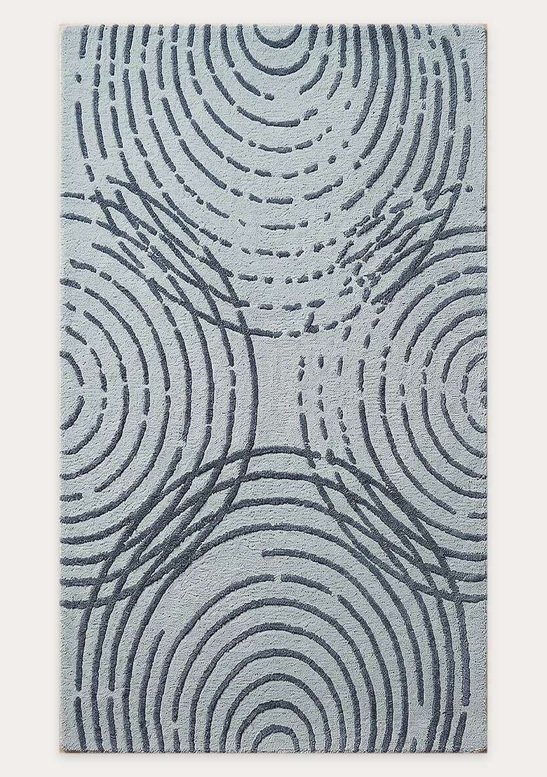 100% Wool Handmade Steel Blue Rug | Contemporary Swirls Carpet With Cotton Backing For Living Room - Indya