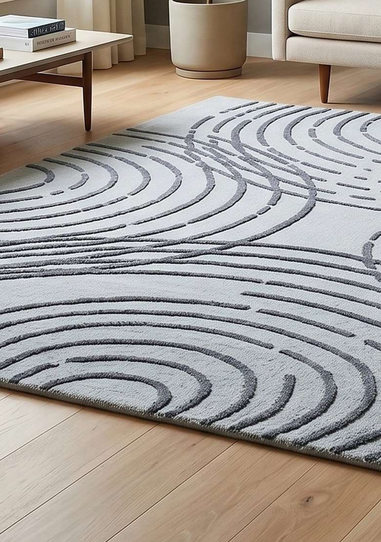 100% Wool Handmade Steel Blue Rug | Contemporary Swirls Carpet With Cotton Backing For Living Room - Indya
