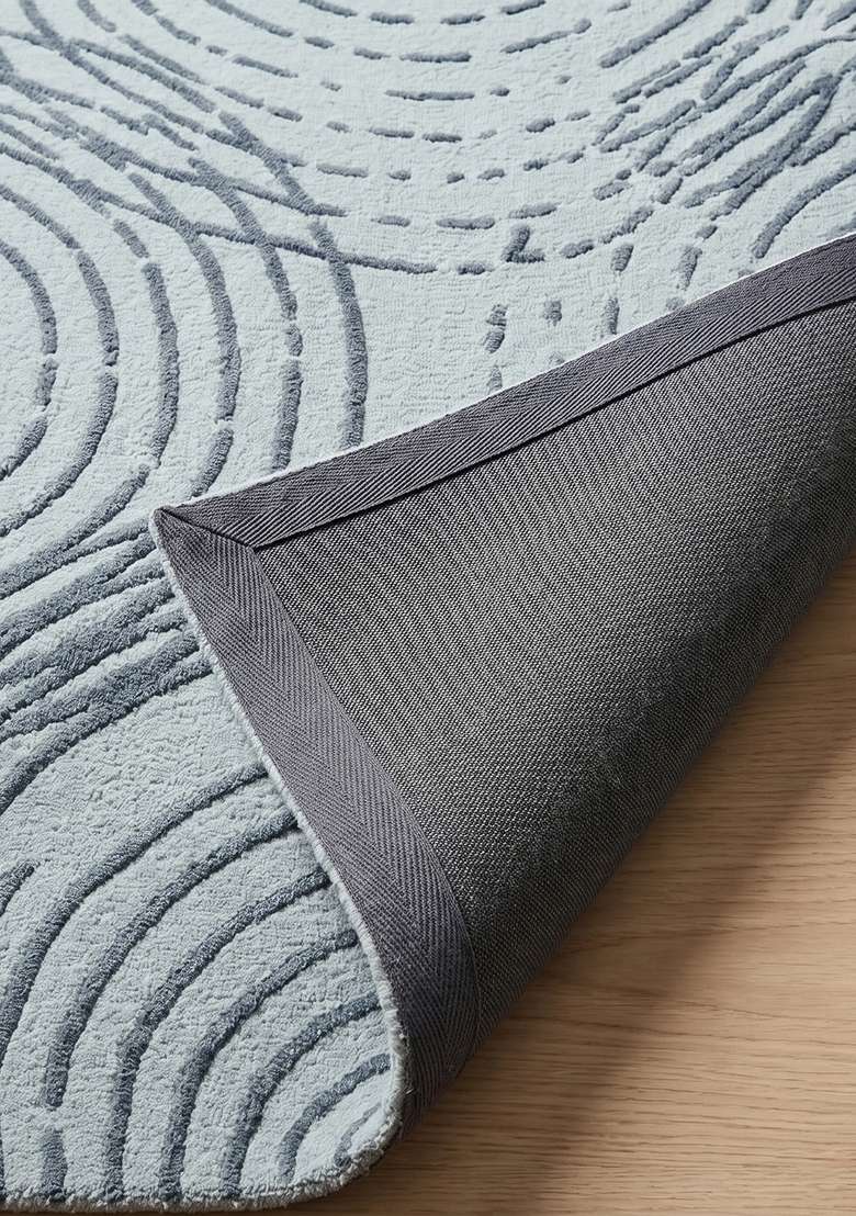 100% Wool Handmade Steel Blue Rug | Contemporary Swirls Carpet With Cotton Backing For Living Room - Indya