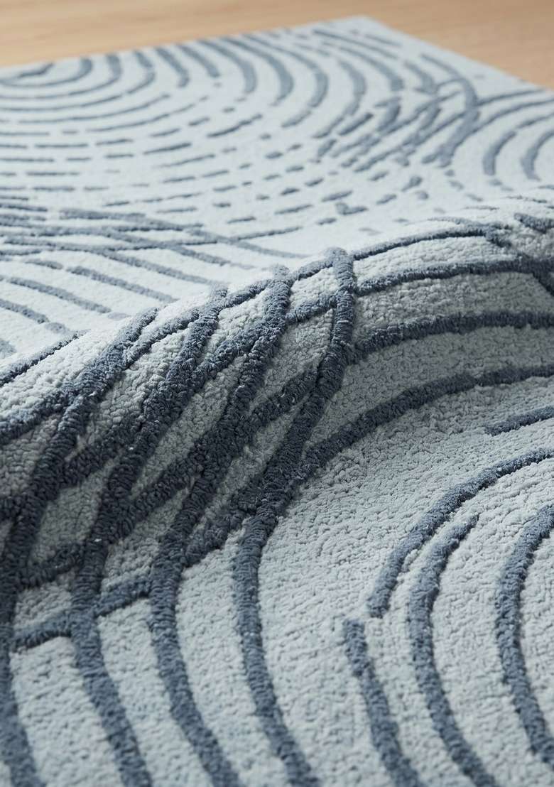 100% Wool Handmade Steel Blue Rug | Contemporary Swirls Carpet With Cotton Backing For Living Room - Indya