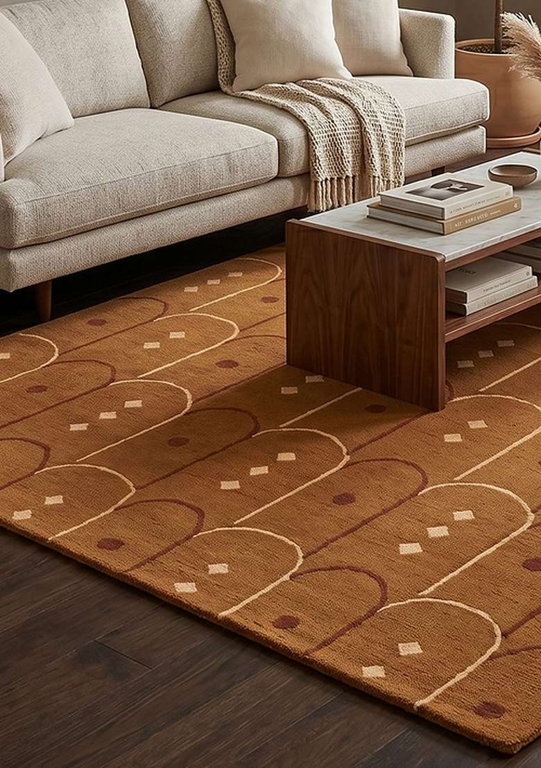 100% Wool Handmade Ochre Rug | Art Deco Trellis Carpet With Cotton Backing For Living Room - Indya