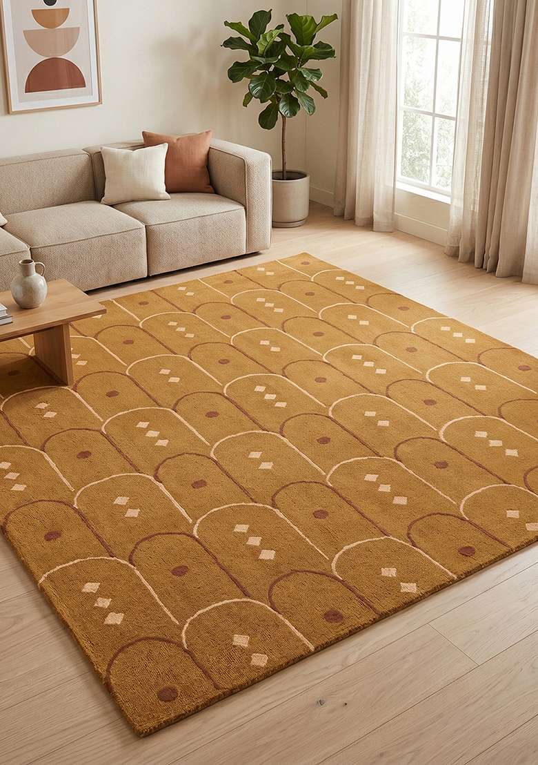 100% Wool Handmade Ochre Rug | Art Deco Trellis Carpet With Cotton Backing For Living Room - Indya