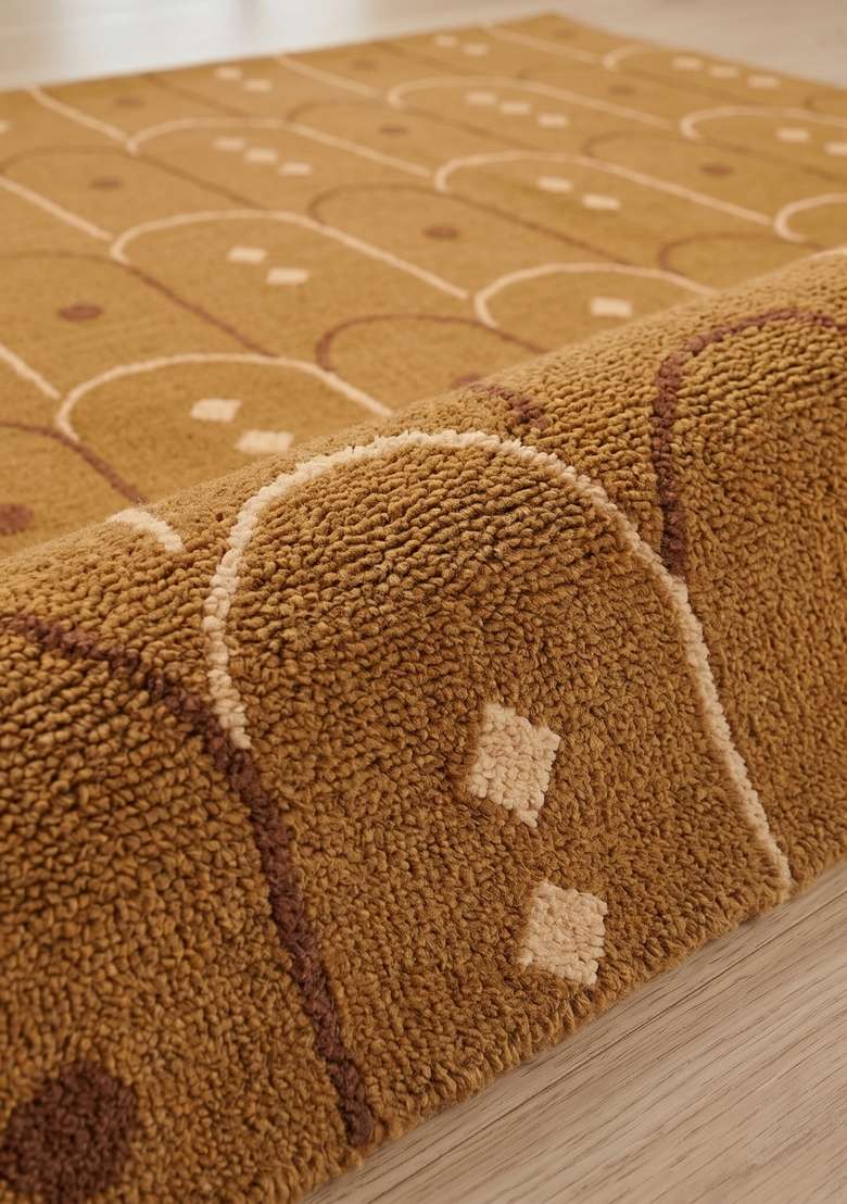 100% Wool Handmade Ochre Rug | Art Deco Trellis Carpet With Cotton Backing For Living Room - Indya