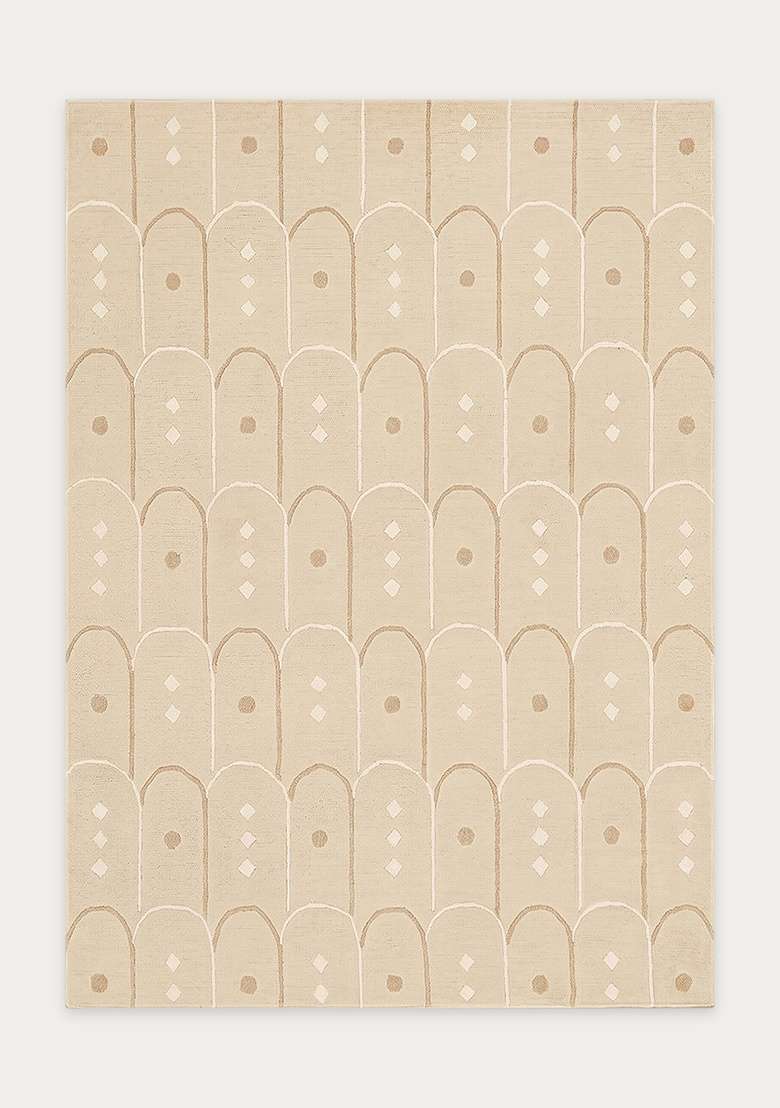 100% Wool Handmade Cream Rug | Art Deco Trellis Carpet With Cotton Backing For Living Room - Indya