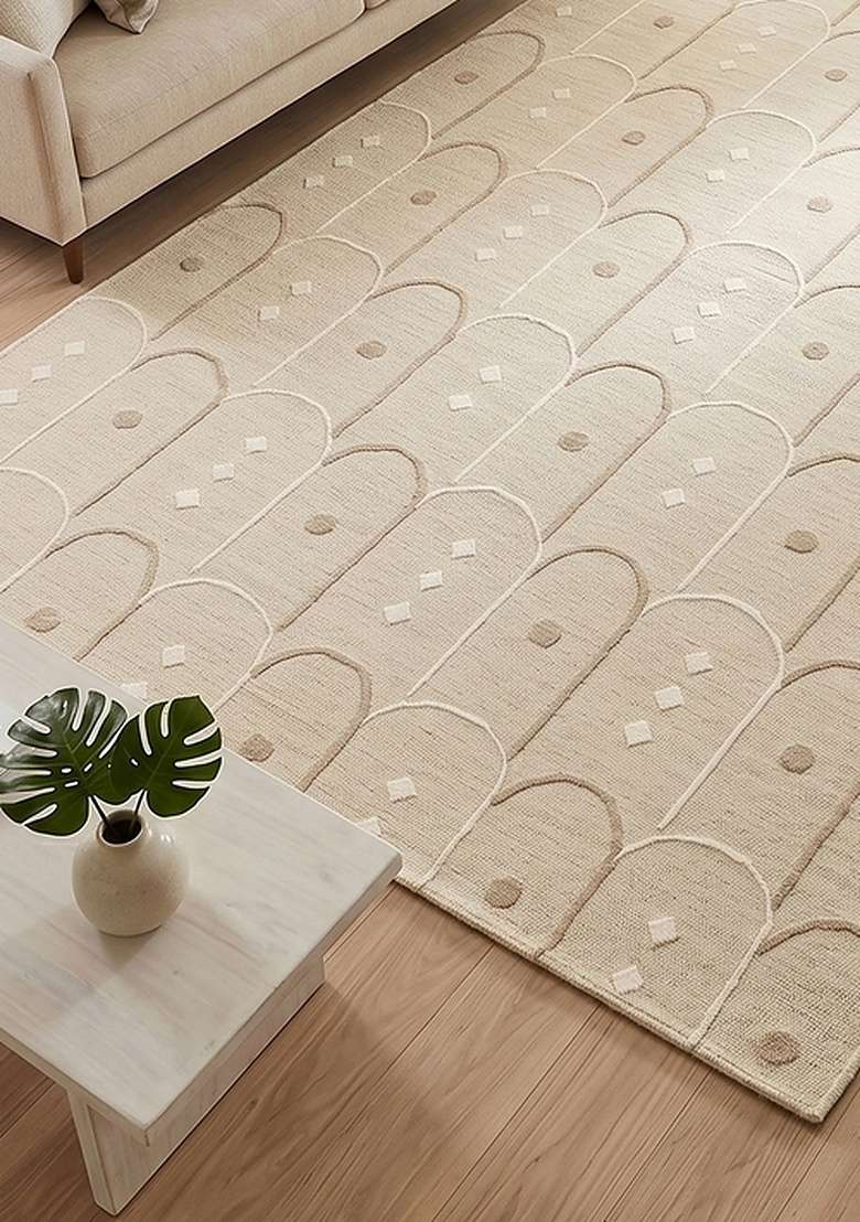 Saffron Rugs Hand-Tufted 100% Wool Area Rug | Cream Rectangular Rug | Cotton Backing | Art Deco Trellis Home Decor Carpet for Living Room Bedroom - Indya